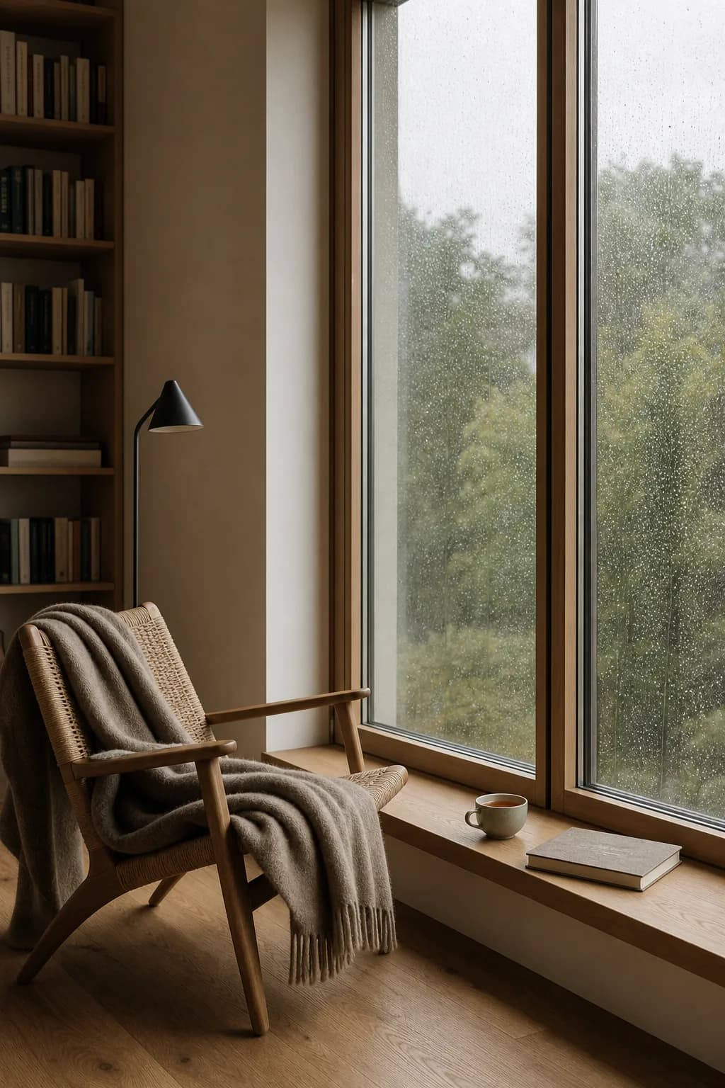 Stiller Innenraum mit Blick nach draußen bei gedämpftem Licht