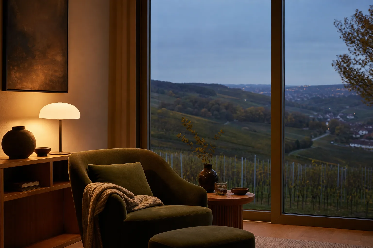 Leseecke am Abend mit Blick durch ein bodentiefes Fenster
