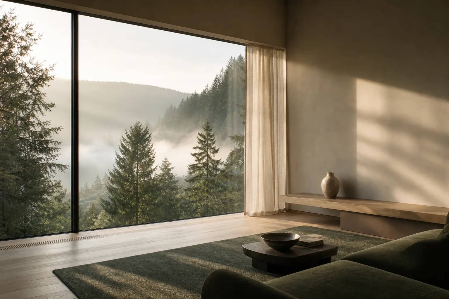 Heller Wohnraum mit bodentiefem Fenster und Waldblick im Morgennebel