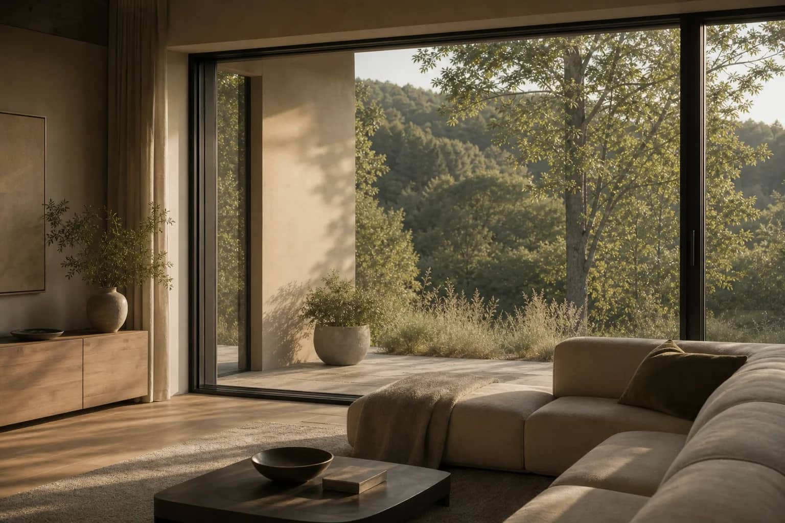 Sofa im warmen Nachmittagslicht vor einer großen Fensterfront mit Blick ins Grüne