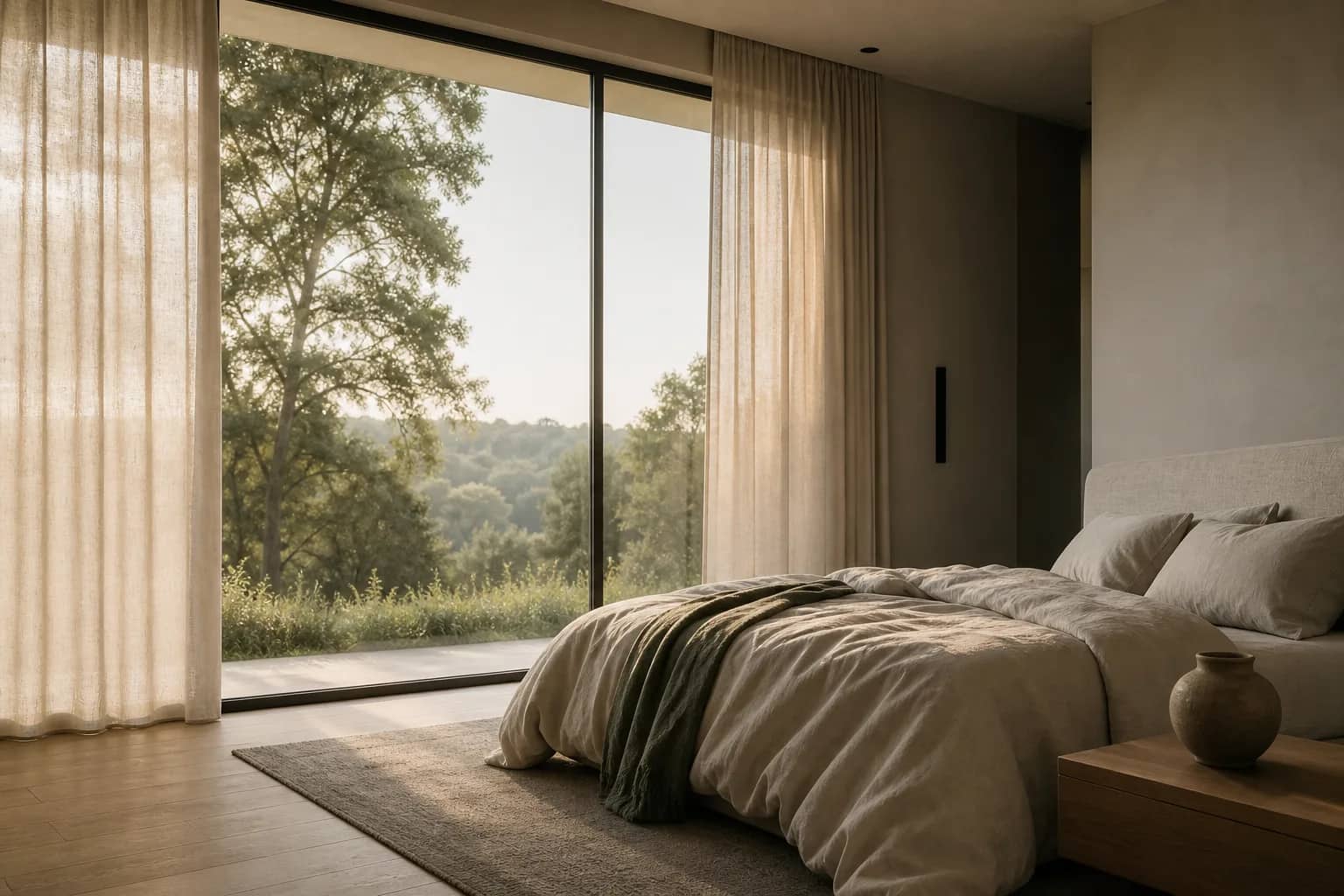Schlafzimmer mit ruhigem Morgenlicht am Fenster